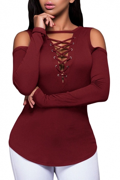 V Neck Lace Up Front Hollow Out Long Sleeve Plain Slim Tee