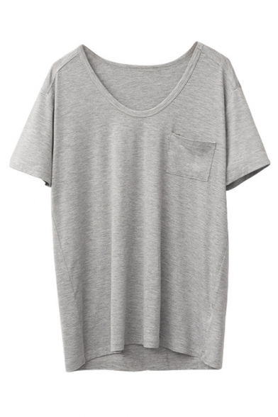 V Neck Short Sleeve Plain Loose T-Shirt with Chest Pocket