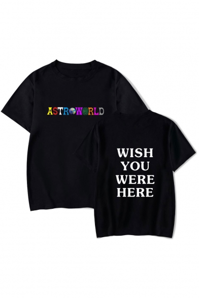 WISH YOU WERE HERE Letter Printed Round Neck Short Sleeve Graphic Tee