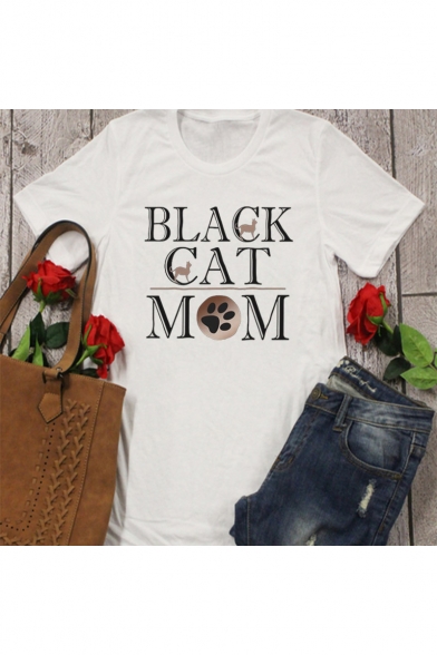 BLACK CAT Letter Printed Round Neck Short Sleeve Graphic T-Shirt