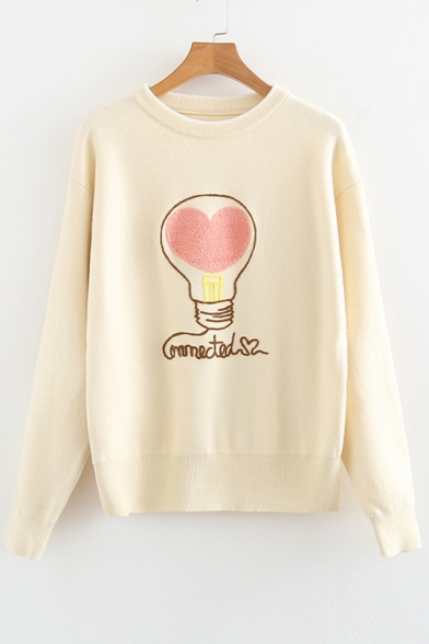 Bulb Heart Letter Pattern Round Neck Long Sleeve Sweater