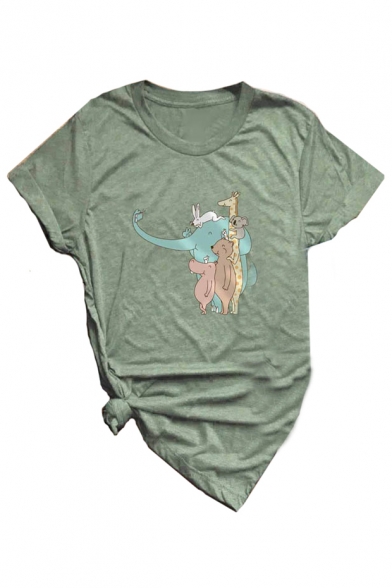 Cartoon Animals Printed Round Neck Short Sleeve Leisure T-Shirt