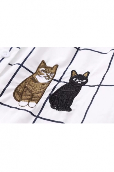Cat Embroidered Plaid Printed Lapel Collar Long Sleeve Button Up Shirt