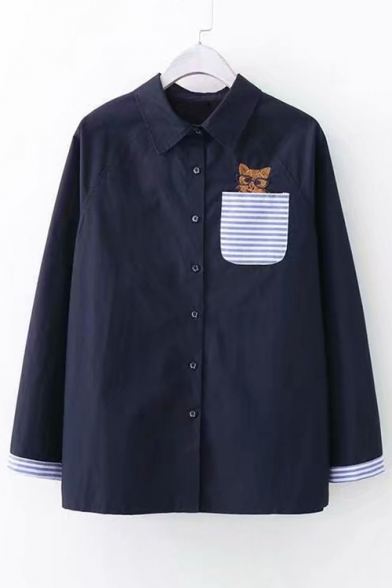 Cat Embroidered Pocket Contrast Striped Lapel Collar Long Sleeve Button Front Shirt