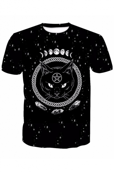 Cat Moon Star Printed Round Neck Short Sleeve T-Shirt