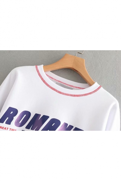 Color Block Letter Printed Round Neck Long Sleeve Crop Sweatshirt