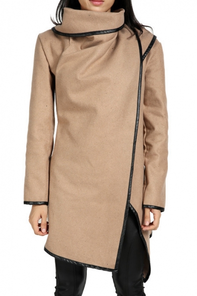 Contrast Leather Trim High Neck Long Sleeve Asymmetric Coat