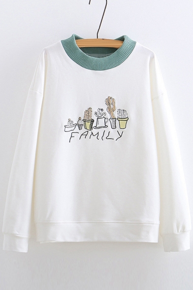 Contrast Round Neck FAMILY Letter Cactus Embroidered Long Sleeve Sweatshirt