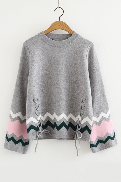 Contrast Zig-Zag Striped Printed Round Neck Long Sleeve Sweater