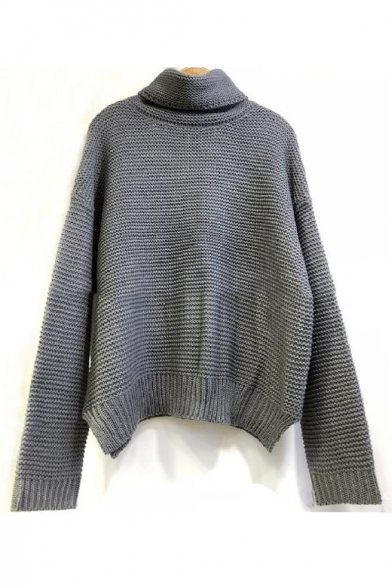 High Neck Long Sleeve Dropped Shoulder Plain Loose Warm Sweater