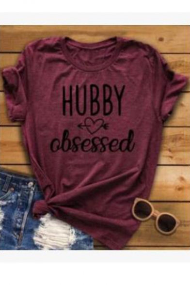 HUBBY Letter Heart Printed Round Neck Short Sleeve T-Shirt