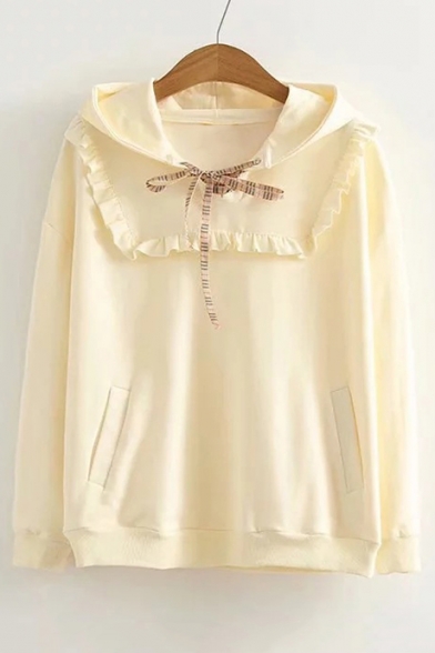Lace Up Front Ruffle Detail Plain Long Sleeve Leisure Hoodie