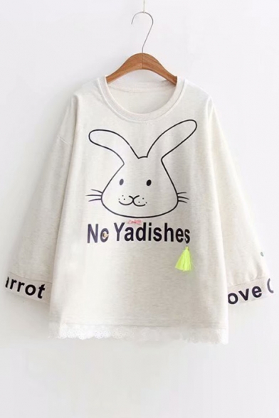 Letter Rabbit Printed Lace Patchwork Hem Round Neck Long Sleeve Loose Sweatshirt