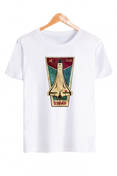 Letter Rocket Printed Round Neck Short Sleeve Graphic Tee