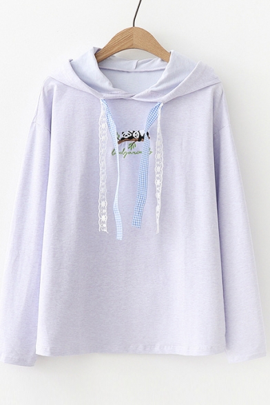 Lovely Animal Letter Embroidered Lace Drawstring Long Sleeve Hoodie