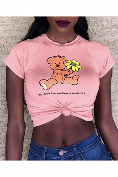 Lovely Floral Bear Letter Printed Round Neck Short Sleeve Crop Tee