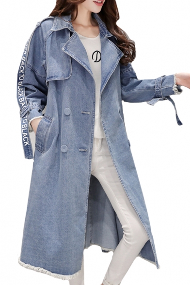 Notched Lapel Collar Long Sleeve Extended Letter Printed Straps Embellished Double Breasted Tunic Denim Trench Coat