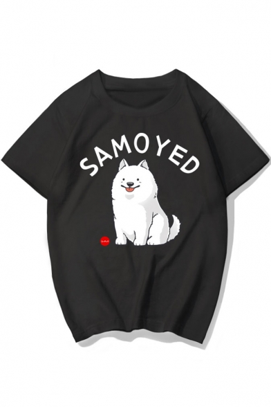 SAMOYED Letter Dog Printed Short Sleeve Round Neck Top