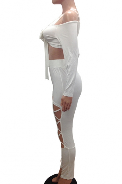 Sexy Off The Shoulder Plain Knotted Front Long Sleeve Crop Top with High Waist Skinny Hollow Out Pants Co-ords