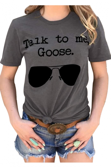 TALK TO ME Letter Glasses Printed Round Neck Short Sleeve T-Shirt