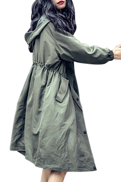 Trendy Plain Long Sleeve Elastic Cuff Zip Up Tunic Hooded Coat