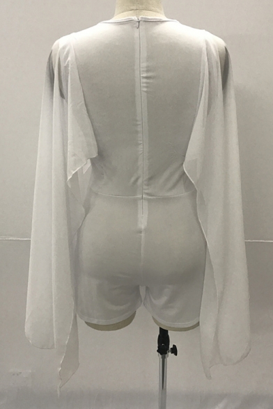 V Neck Plain Buttons Front Batwing Sleeve Romper