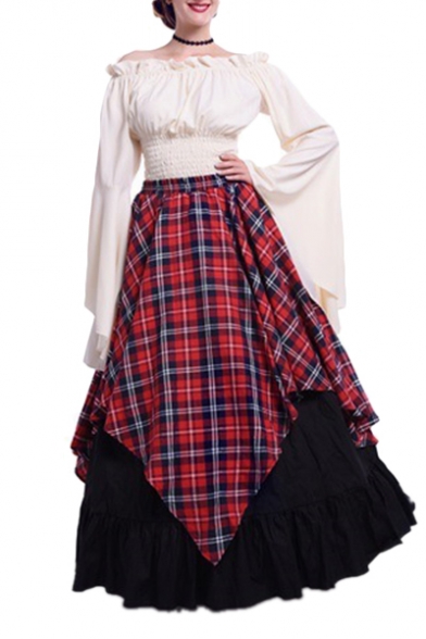 Vintage Off The Shoulder Long Sleeve Elastic Waist Contrast Plaid Layered Maxi A-Line Dress