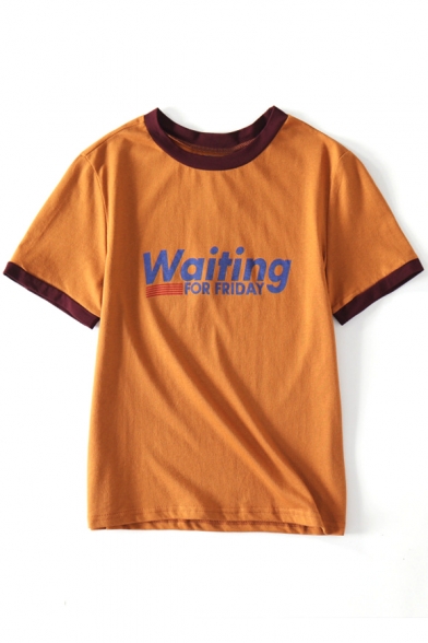 WAITING FOR FRIDAY Letter Contrast Trim Round Neck Short Sleeve Leisure Tee