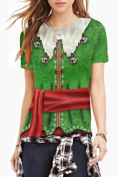 3D Christmas Series Color Block Bell Printed Round Neck Short Sleeve T-Shirt