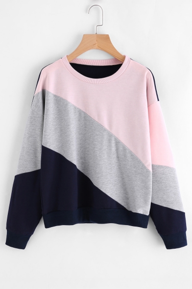 Casual Color Block Round Neck Long Sleeve Loose Sweatshirt