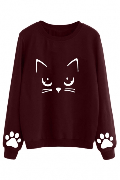 Cat Paw Printed Round Neck Long Sleeve Casual Pullover Sweatshirt