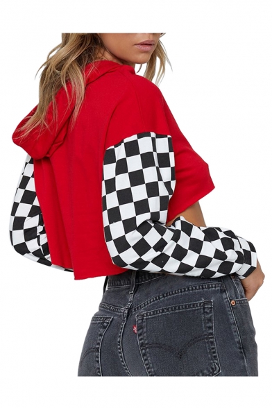 Chic Contrast Plaid Long Sleeve Cropped Hoodie