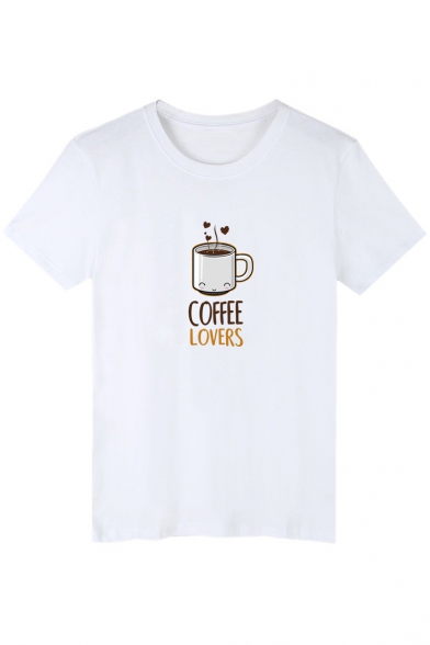 COFFEE LOVERS Letter Cup Printed Round Neck Short Sleeve Graphic Tee