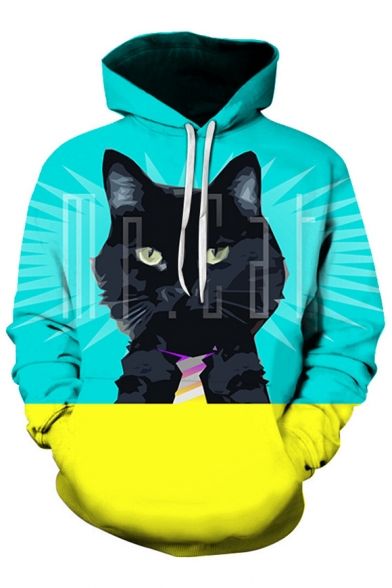 Color Block Cat Printed Long Sleeve Oversized Casual Hoodie