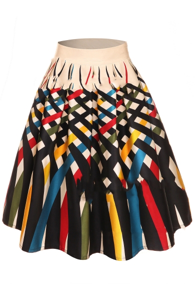 Colorful Cross Striped Printed High Waist Retro Midi Flare Skirt