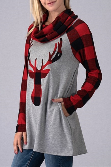 Deer Contrast Plaid Raglan Sleeve High Neck Tunic Sweatshirt