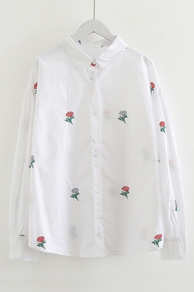 

Floral Embroidered Button Placket Lapel Collar Long Sleeve Casual Shirt