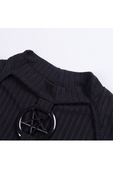 High Neck Hollow Out Front Long Sleeve Plain Ribbed Cropped Tee