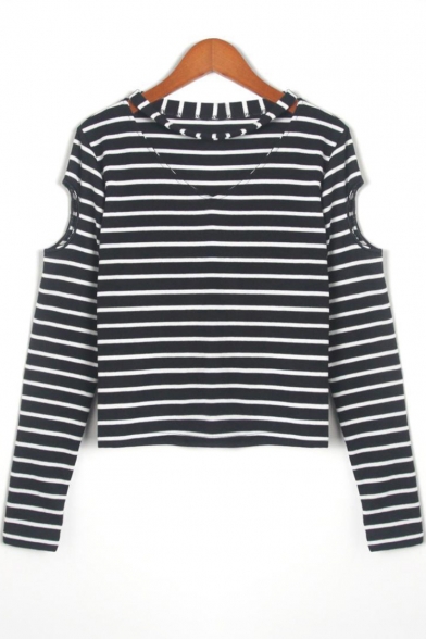 Hollow Out V Neck Long Sleeve Striped Leisure Tee