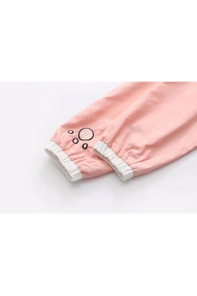 Korean Cat Printed Color Block Long Sleeve Zip Up Hooded Jacket