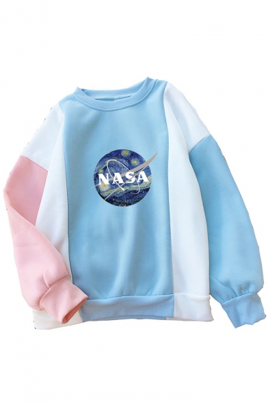 NASA Letter Painting Printed Color Block Round Neck Long Sleeve Sweatshirt