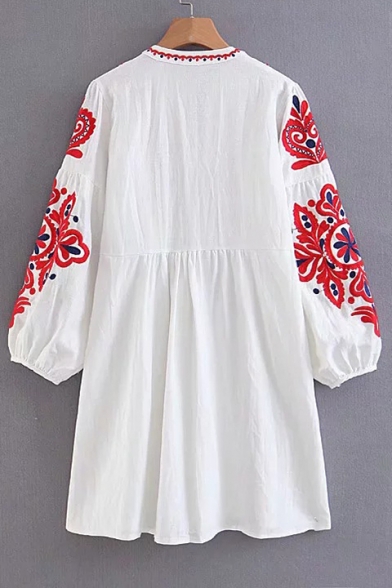 ohemia Style Floral Embroidered Round Neck Long Sleeve Mini Smock Dress