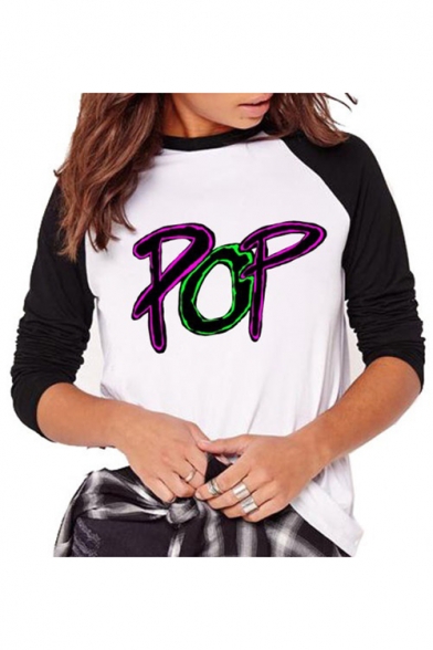 POP Letter Color Block Raglan Long Sleeve T-Shirt