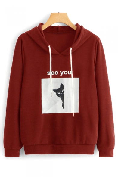 SEE YOU Letter Cat Print Long Sleeve Casual Hoodie