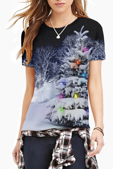 Snow Forest Printed Round Neck Short Sleeve T-Shirt