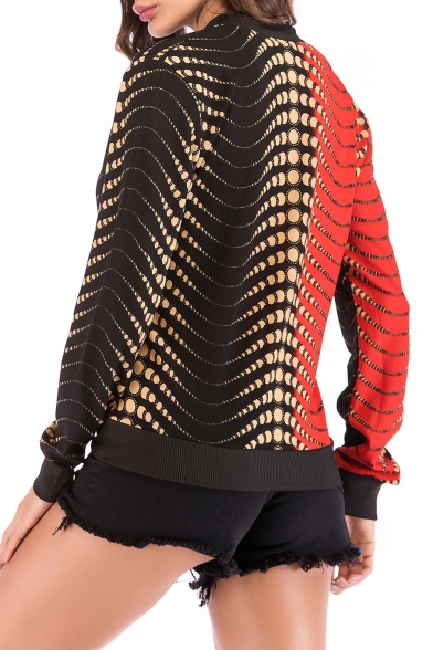 Stand Up Collar Long Sleeve Color Block Printed Zip Placket Jacket