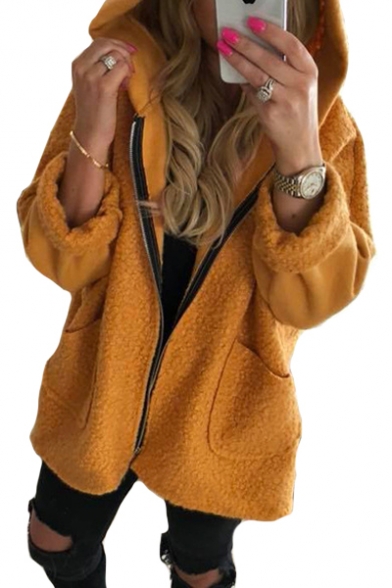 Stylish Plain Long Sleeve Zip Up Hooded Plush Coat