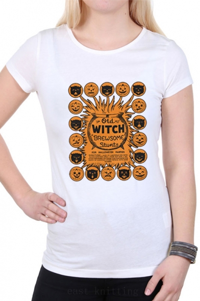 WITCH Letter Pumpkin Print Round Neck Short Sleeve Slim T-Shirt