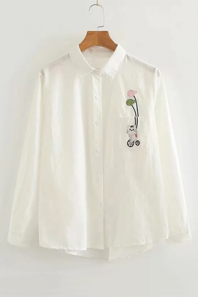 Cat Fish Balloon Embroidered Pocket Lapel Collar Button Placket Leisure Shirt