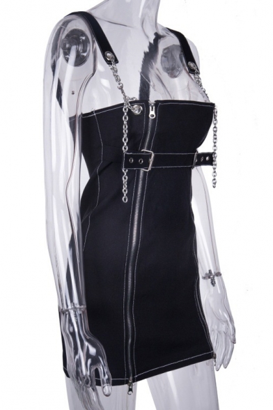 Chic Plain Straps Sleeveless Zipper Front Mini Overall Dress